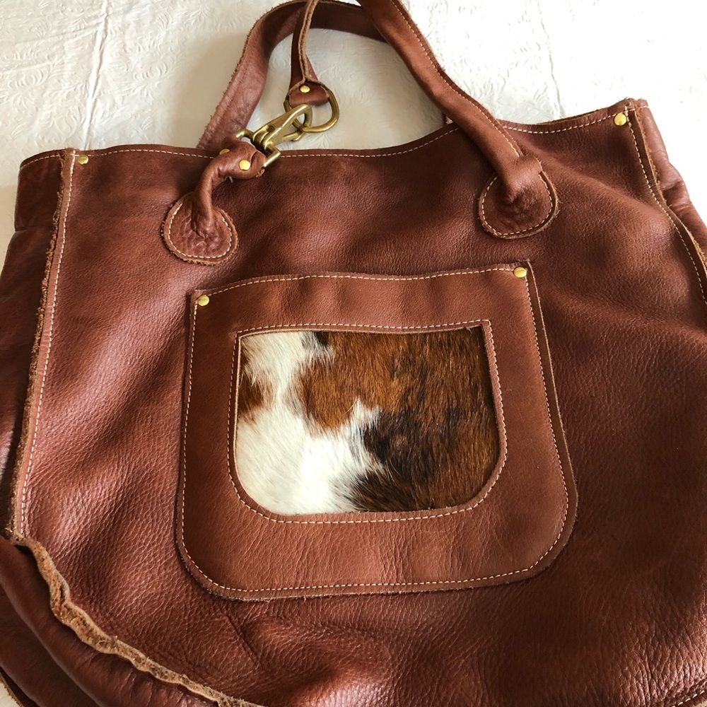 Brown Leather Shoulder Bag with Cowhide Accent
